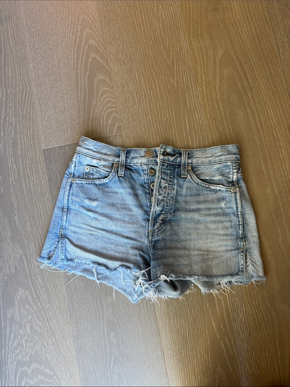 AMO Light Blue Distressed Denim Rosebowl Cutoff Shorts